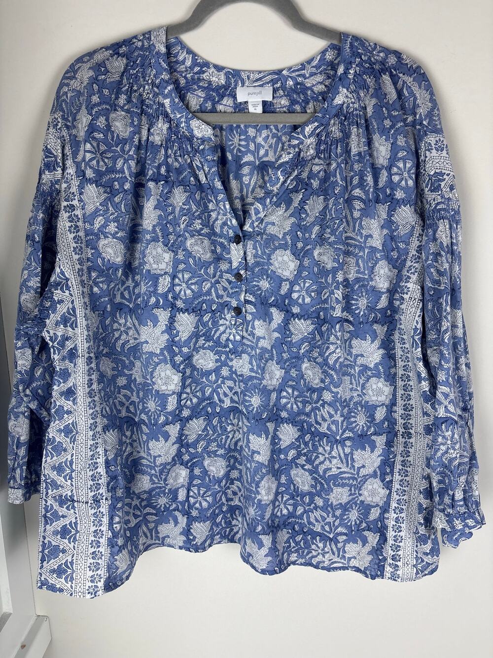 Pure Jill J Jill Womens XL Blue White Floral Border Print Cotton Blouse Boho - Picture 1 of 7